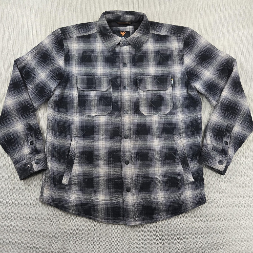HAWX Jacket Mens Medium Gray Plaid Quilted Flannel Snap Front Insulated